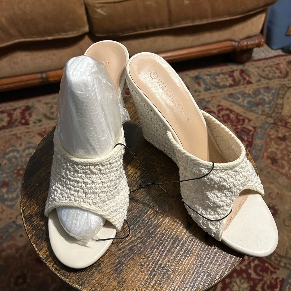 Wild Diva Cream Woven Wedge Slide Sandals
